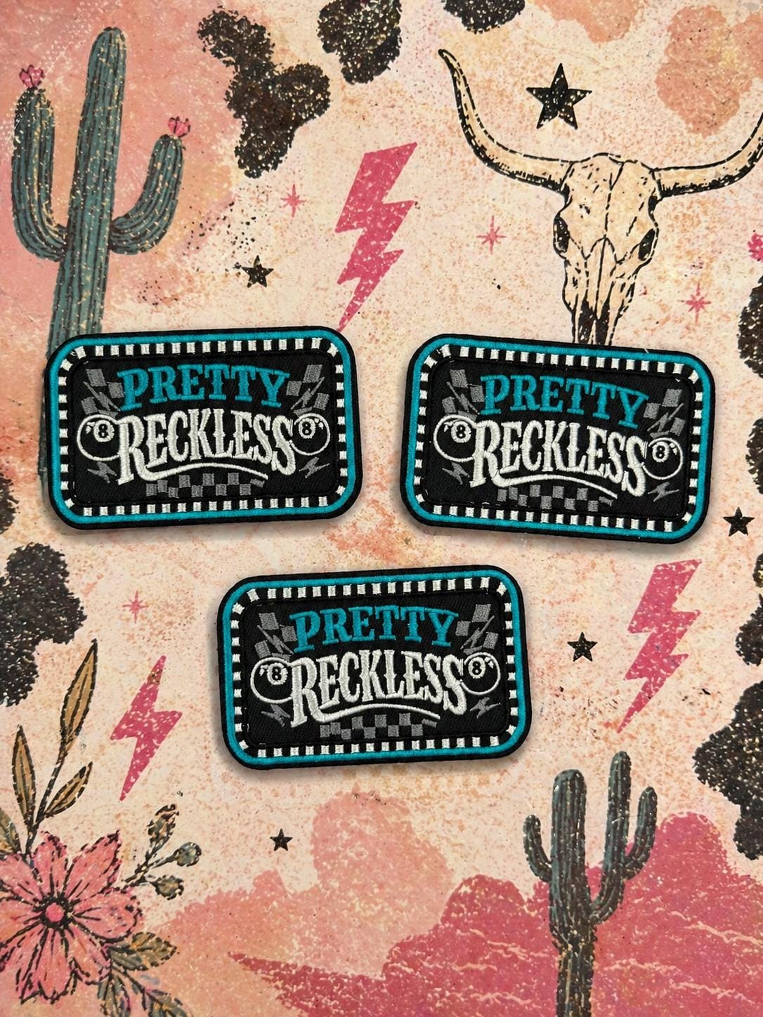 Pretty Reckless Embroidered Patch, Racing Checkered Flag, Edgy Western Trucker Style (3 Inch)