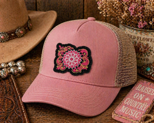 Pink Western Floral Embroidered Patch, Cowgirl Boho Trucker Applique (3 Inch)