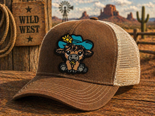 Embroidered Highland Cow Patch, Western Cowboy Hat Applique, Iron-On Farm Animal Badge