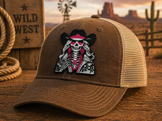 Pink Skeleton Cowgirl Patch, Western Skull Embroidered Iron-On (3 Inch)