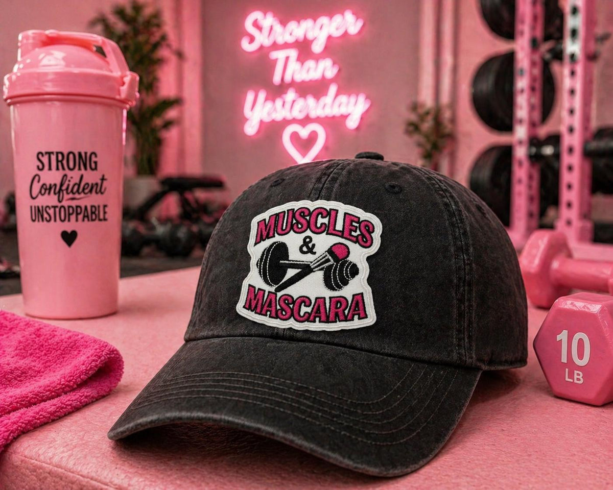 Muscles & Mascara Embroidered Patch, Fitness Weightlifting Hat Applique
