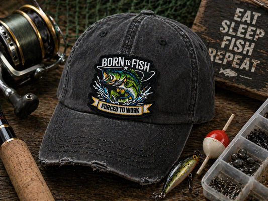 Born to Fish Forced to Work Embroidered Patch, Bass Fishing Iron-On (3 inch)
