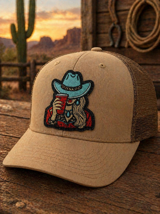 Embroidered Cowgirl Drinking Patch: Leopard and Teal Hat Western Style Iron On Patch