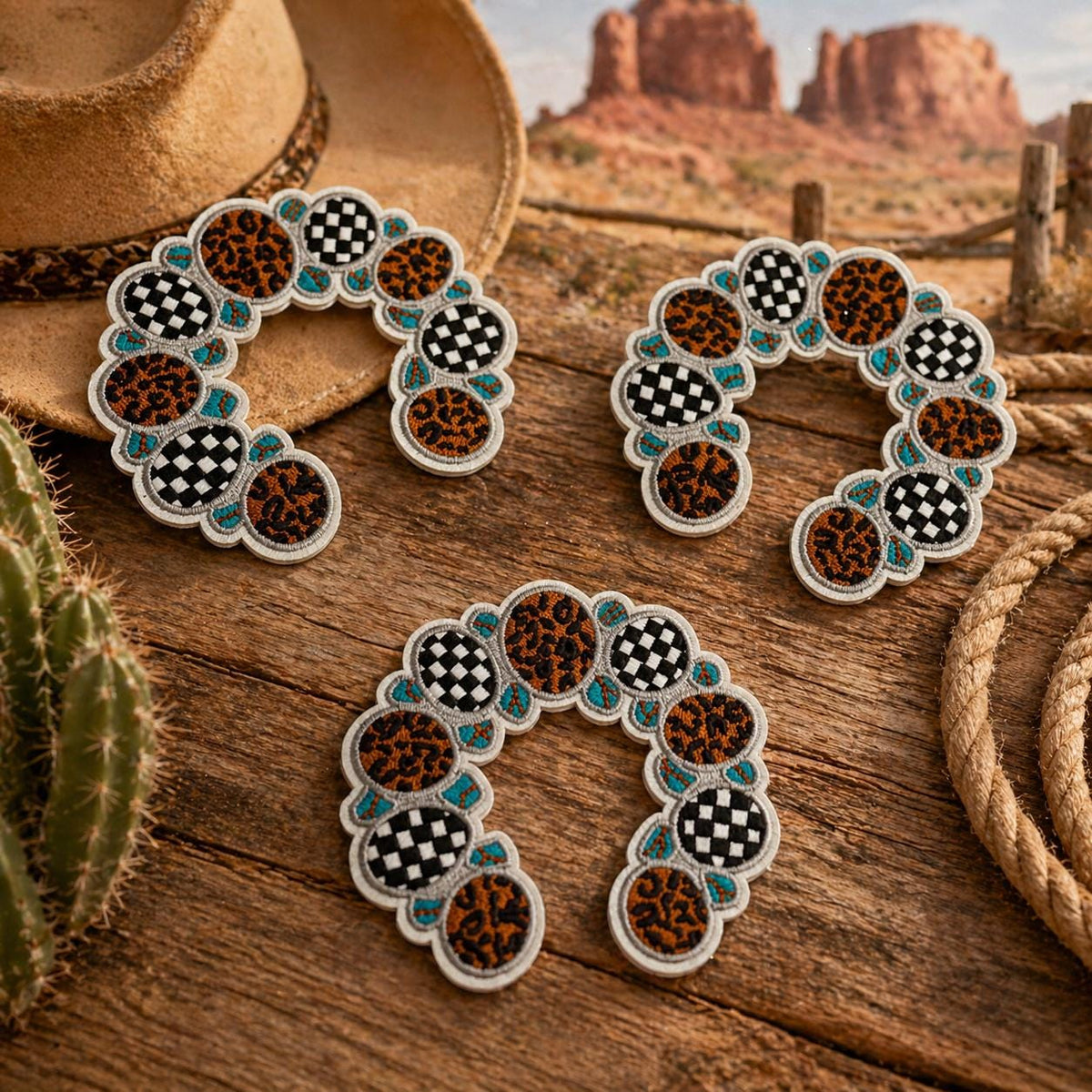 Western Horseshoe Patch, Leopard Checkered Cowgirl Hat Iron On, Embroidered Boho Style