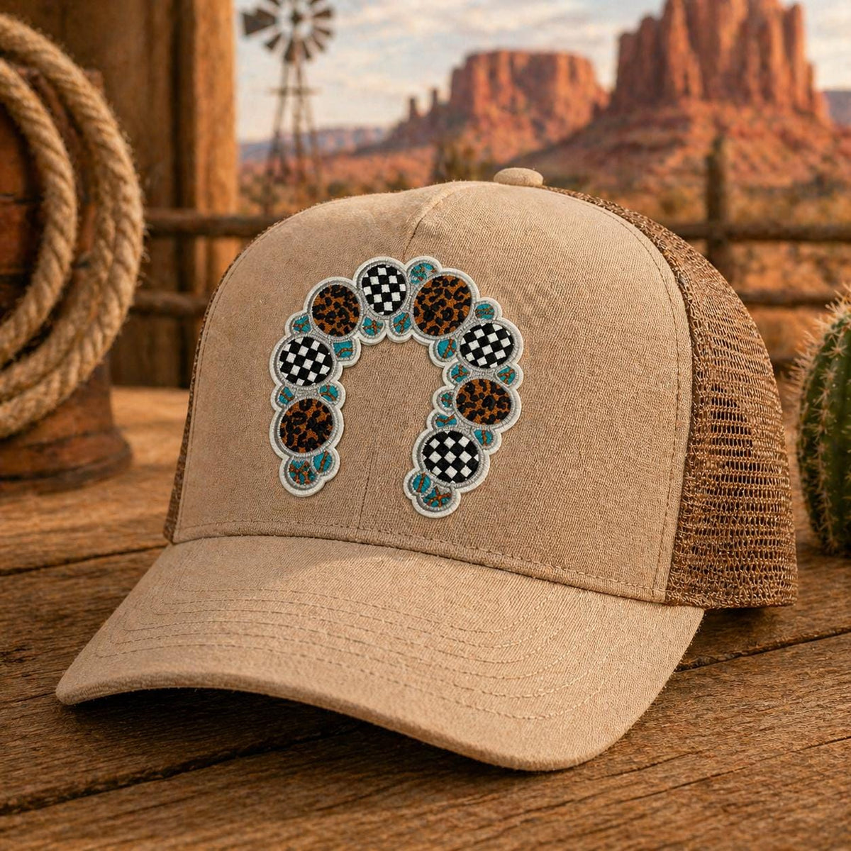 Western Horseshoe Patch, Leopard Checkered Cowgirl Hat Iron On, Embroidered Boho Style