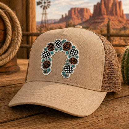 Western Horseshoe Patch, Leopard Checkered Cowgirl Hat Iron On, Embroidered Boho Style