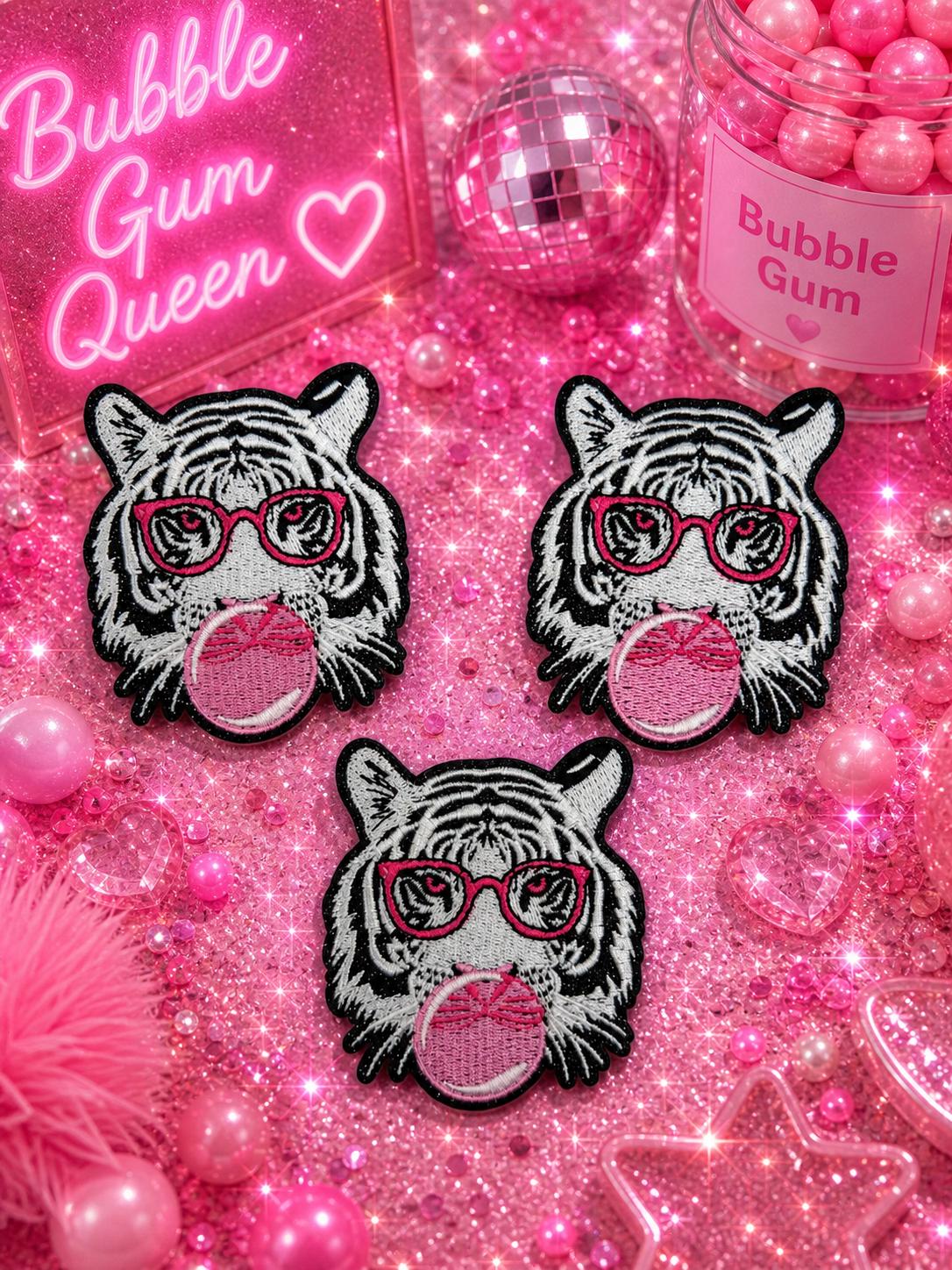 White Tiger Patch with Pink Glasses, Bubble Gum Embroidered Iron-On Hat Patch