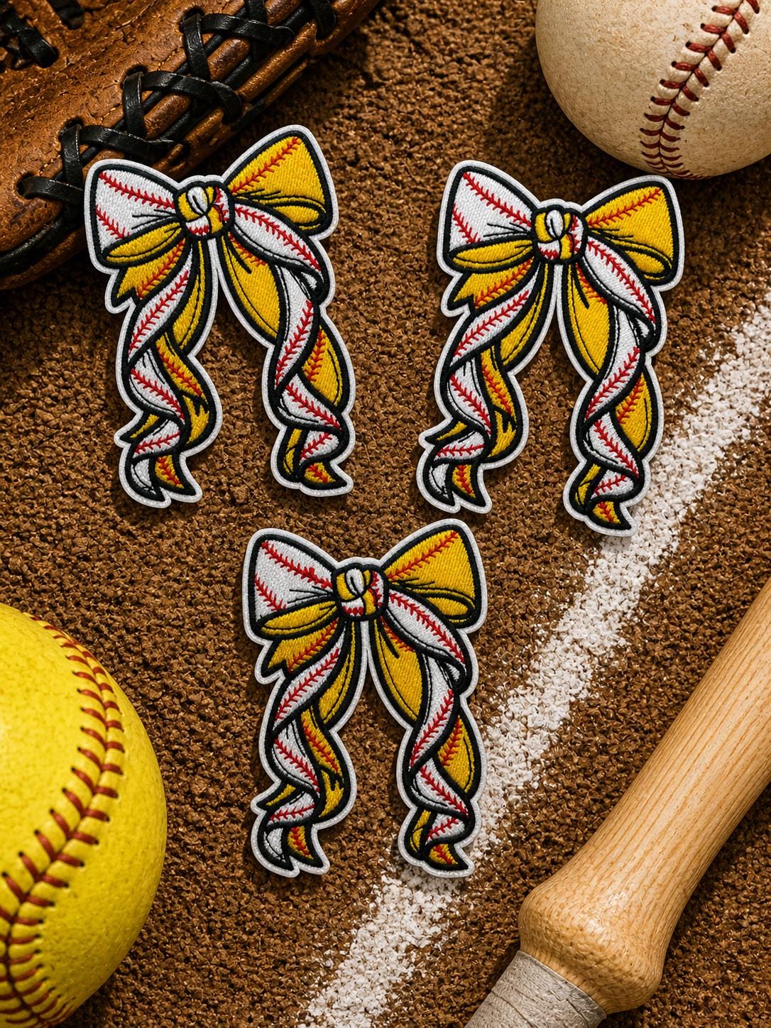 Softball Bow Embroidered Patch, Baseball Mom Game Day Iron-On (3.5 inches)