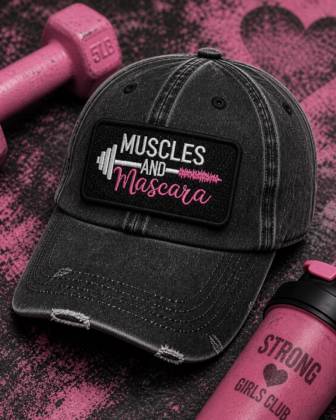 Muscles and Mascara Embroidered Patch, Fitness Gym Workout Hat Applique