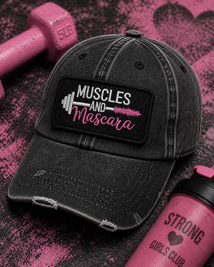 Muscles and Mascara Embroidered Patch, Fitness Gym Workout Hat Applique