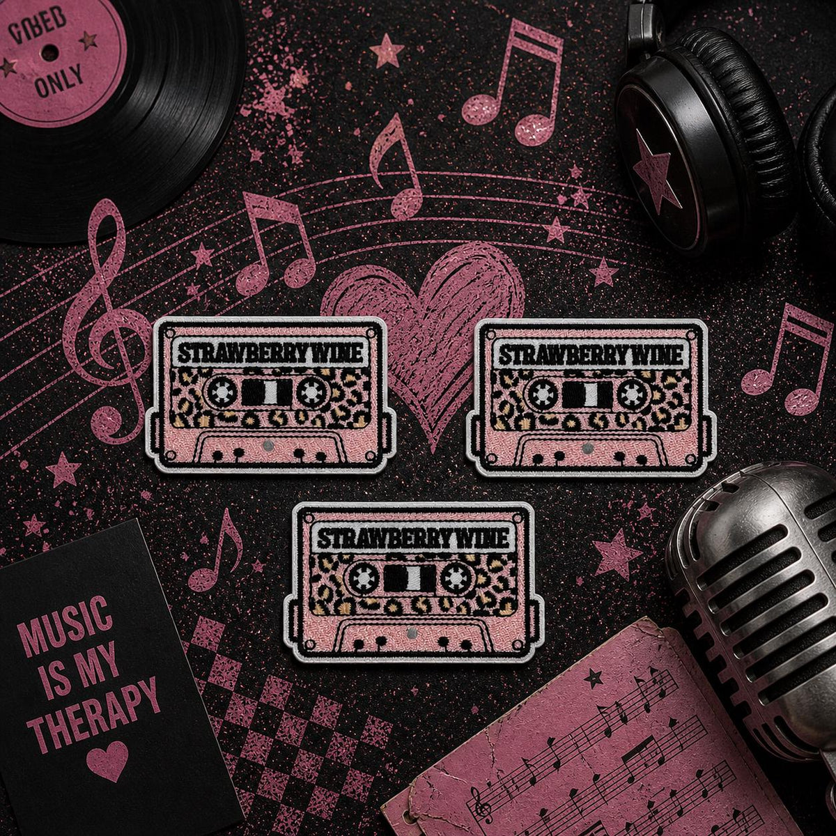 Strawberry Wine Cassette Patch, Embroidered Iron-On Tape Badge (3 Inch)