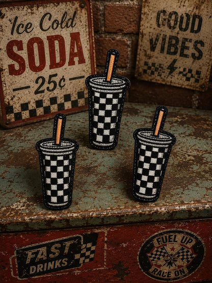 Checkered Soda Cup Patch, Retro Drink, Grunge Racing, Embroidered Applique (3.5 inches)