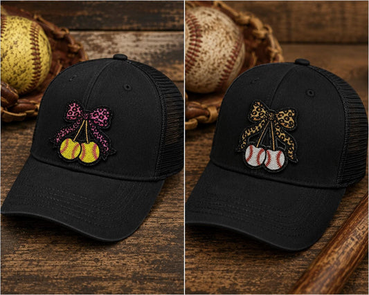 Softball Baseball Cherry Patch, Leopard Bow, Sports Mom Hat Applique (3 Inch)