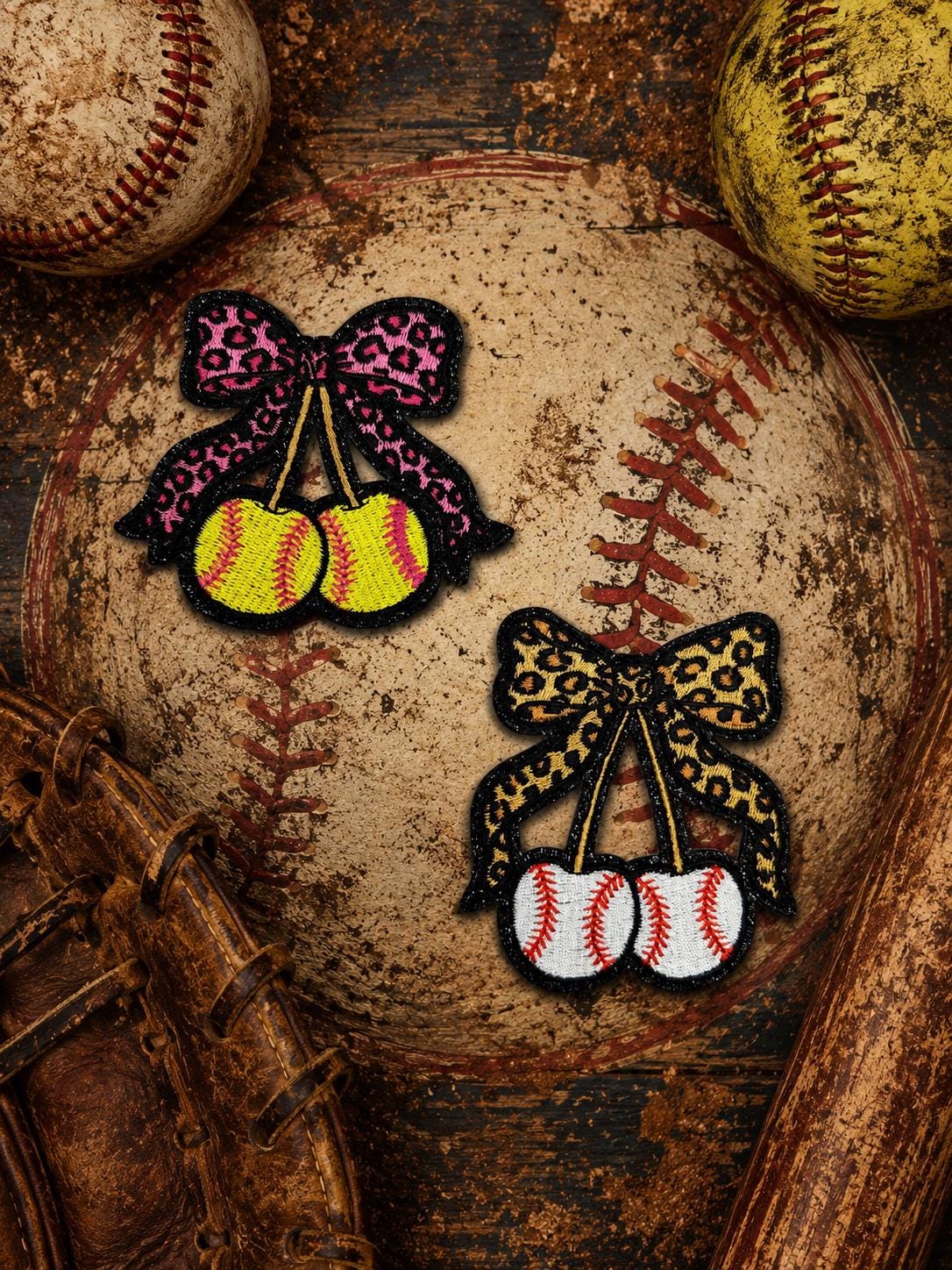 Softball Baseball Cherry Patch, Leopard Bow, Sports Mom Hat Applique (3 Inch)