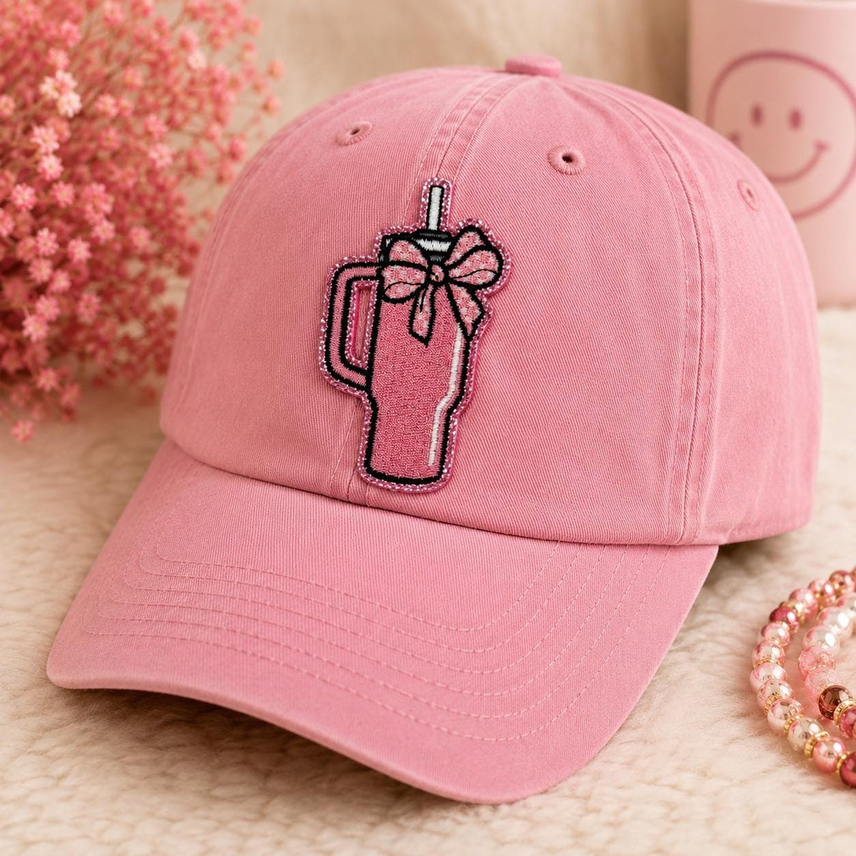 Pink Glitter Tumbler Patch, Coquette Cup Applique, Girly Bow Hat Patch (Iron-On)