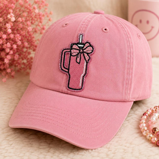 Pink Glitter Tumbler Patch, Coquette Cup Applique, Girly Bow Hat Patch (Iron-On)
