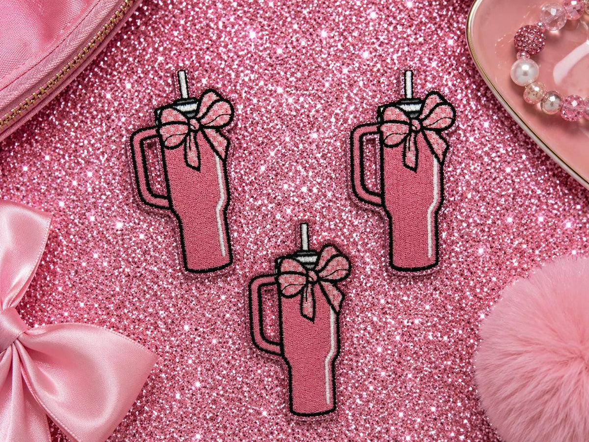 Pink Glitter Tumbler Patch, Coquette Cup Applique, Girly Bow Hat Patch (Iron-On)
