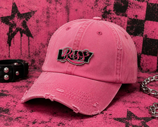 Pink Glitter Boss Patch, Embroidered Iron-On Applique, Trendy Hat Badge