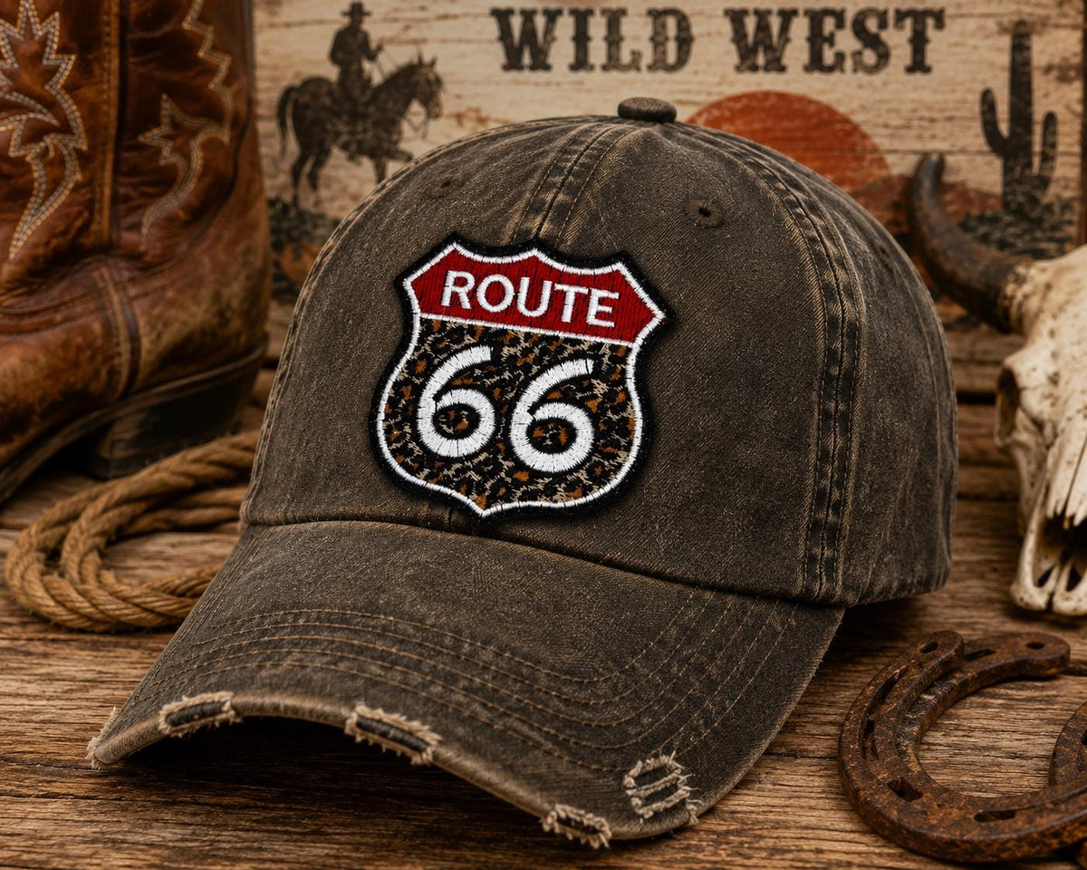 Leopard Route 66 Embroidered Iron-On Patch, Western Cowgirl Hat Applique