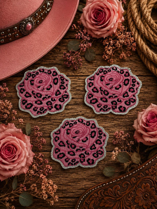 Pink Leopard Rose Patch, Embroidered Iron-On Applique, Western Cowgirl Style
