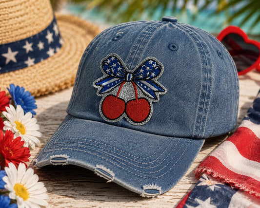 Patriotic Cherry Bow Patch, 4th of July Embroidered Iron-On, Americana Coquette Hat Detail