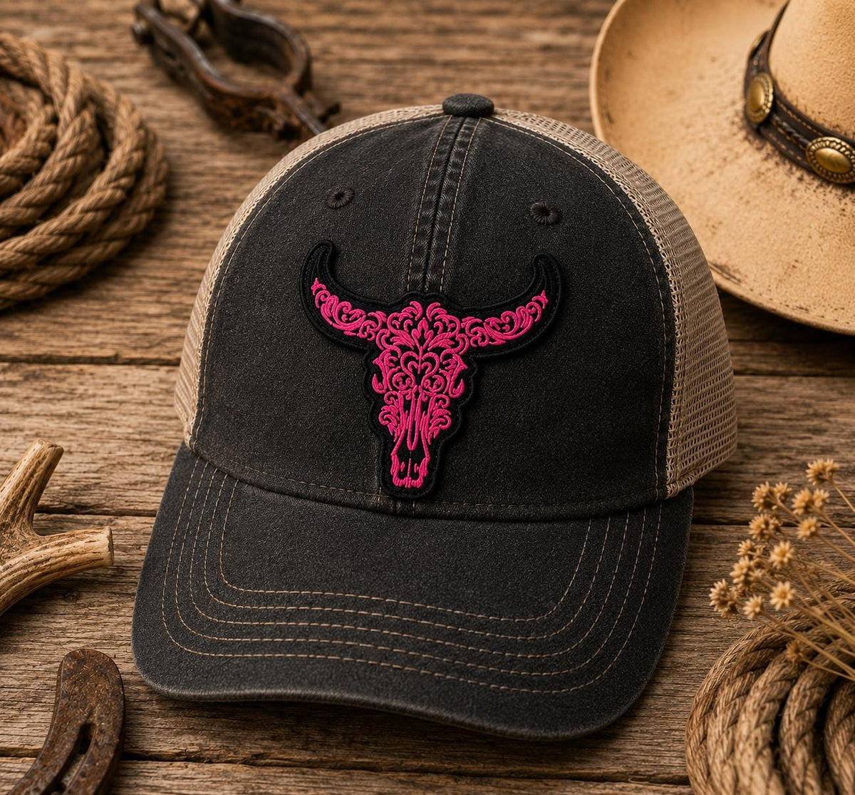 Pink Floral Bull Skull Embroidered Patch