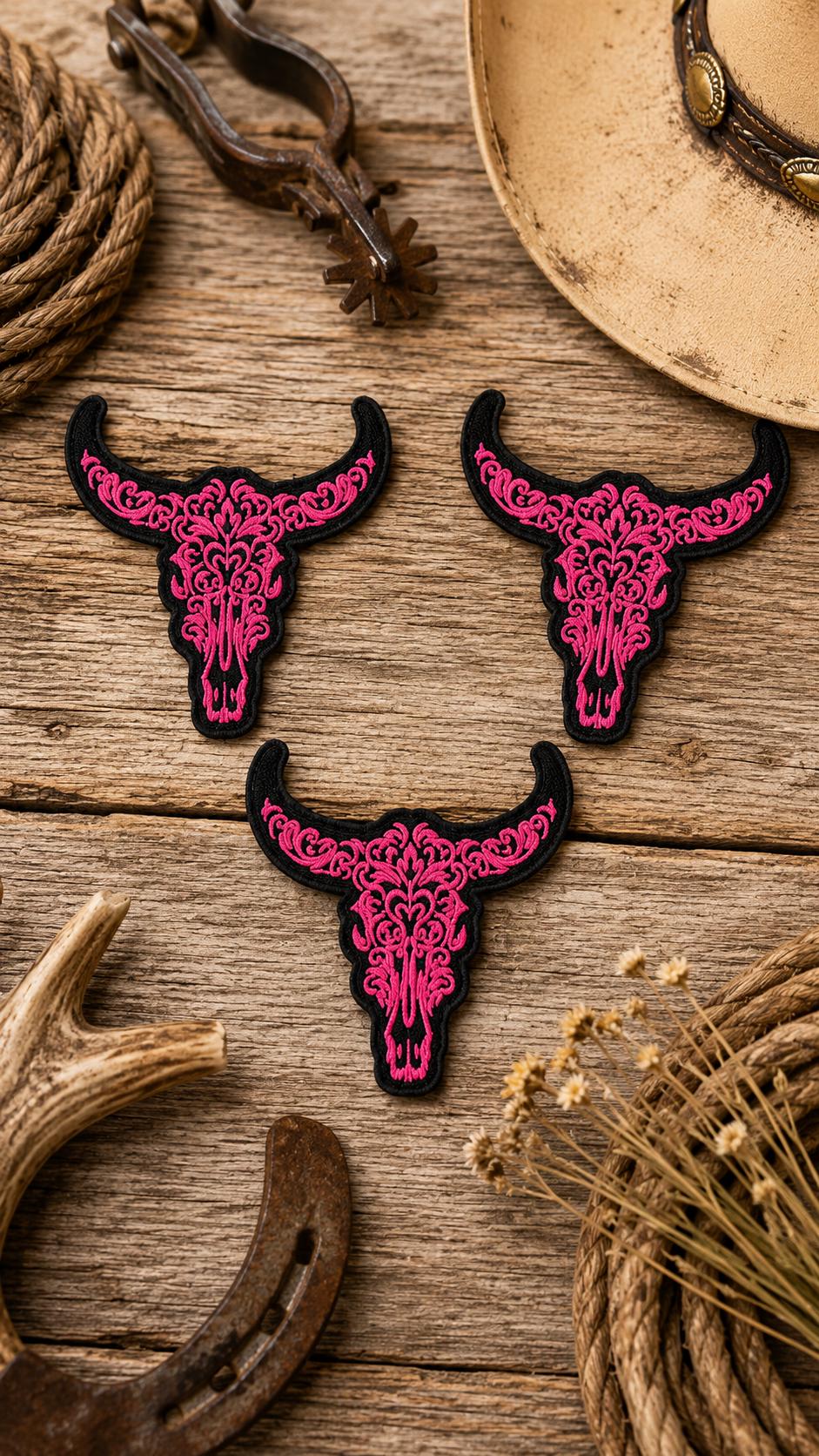 Pink Floral Bull Skull Embroidered Patch