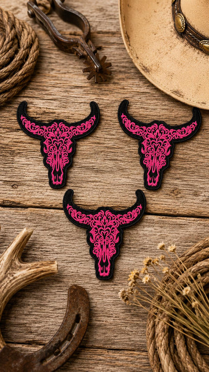 Pink Floral Bull Skull Embroidered Patch