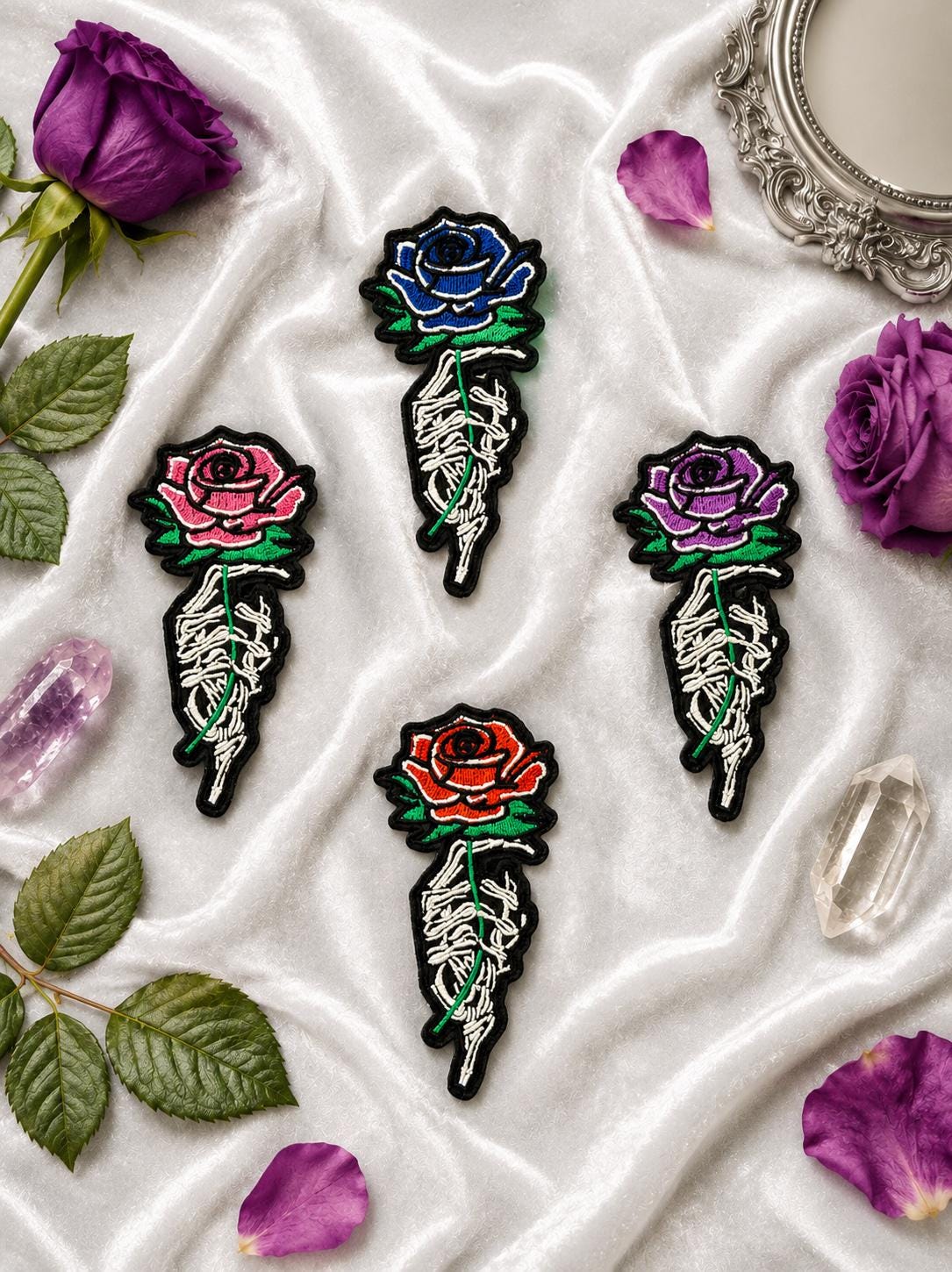Skeleton Hand Rose Embroidered Patch