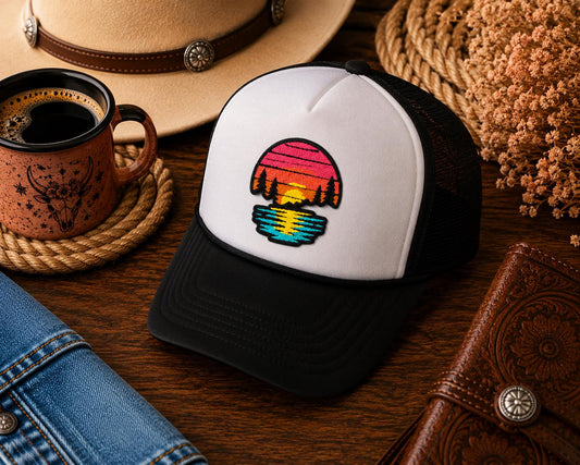 Retro Sunset Lake Embroidered Patch