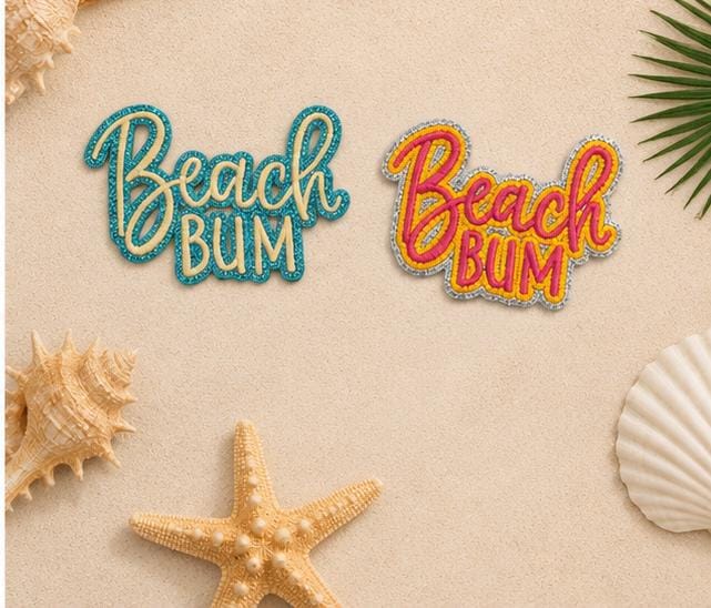 Beach Bum Glitter Patch, Embroidered Iron-On, Summer Vacation Accessory