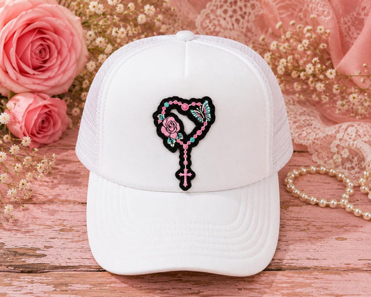 Pink Rosary Heart Embroidered Iron-On Patch