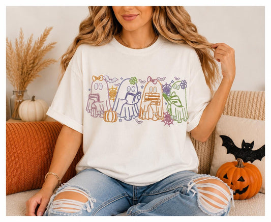 Glitter Reading Ghosts Halloween Screen Print Transfer: Embedded Sparkle Design