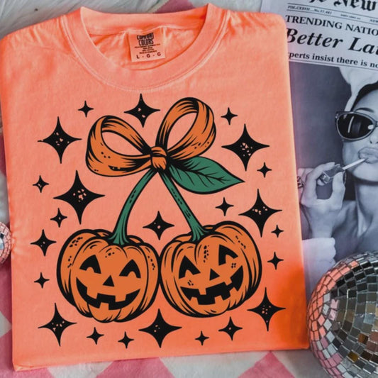 Halloween Pumpkin Cherries Glitter Screen Print Transfer (Shirt Not Included)