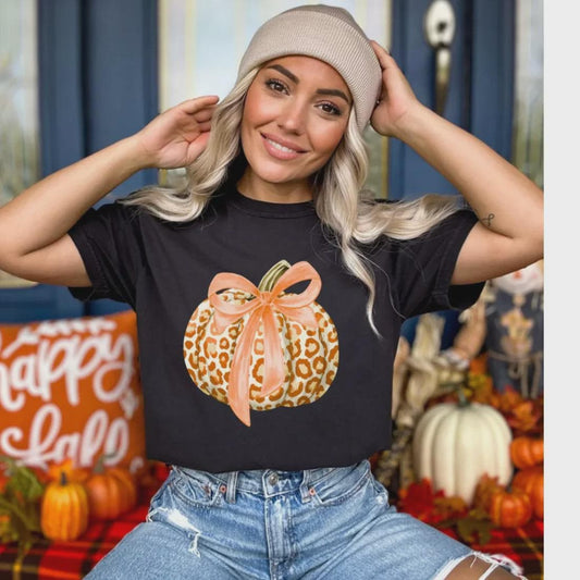 Leopard Print Pumpkin Bow Glitter Screen Print Transfer