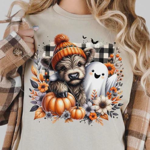 Highland Cow Ghost Pumpkin Glitter Screen Print Transfer