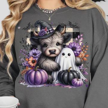 Halloween Highland Cow Ghost Glitter Screen Print Transfer