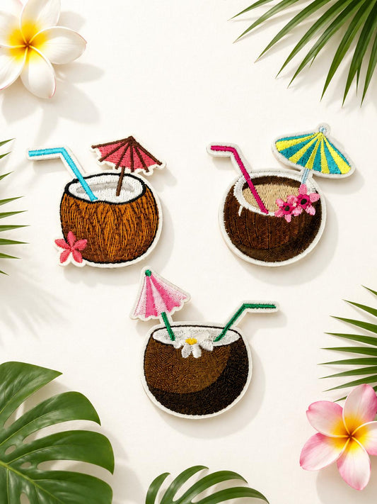 Tropical Coconut Drink Embroidered Iron On Patches