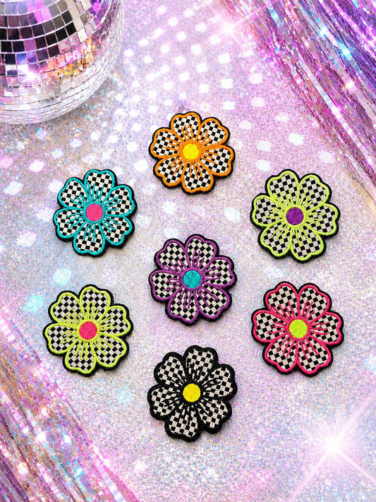 Retro Checkerboard Flower Iron-On Patch