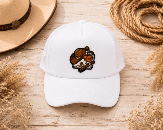 Western Cowboy Hat Whiskey & Cigar Embroidered Patch