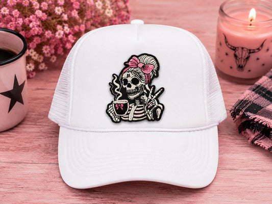Pink Skeleton Coffee Embroidered Iron-On Patch