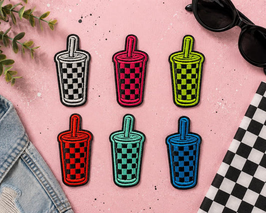 Checkerboard Tumbler Cup Embroidered Iron-On Patch