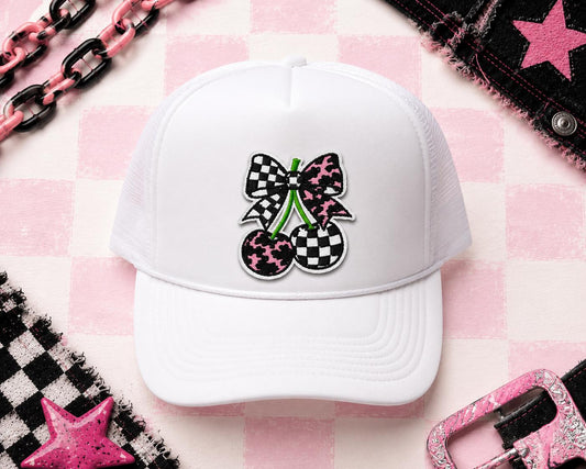 Pink Cow Print & Checker Cherry Bow Embroidered Iron-On Patch