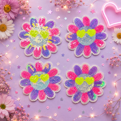 Smiley Flower Sequin Embroidered Iron-On Patch