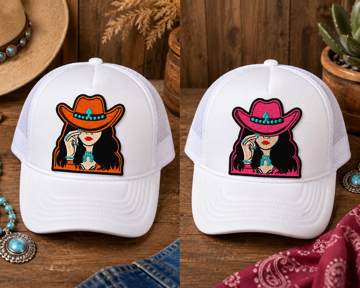 Embroidered Cowgirl Patch: Western Style Iron-On Applique for Hats, Jackets