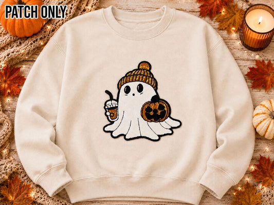 Cozy Ghost Pumpkin Spice Large Embroidered Iron-On Patch