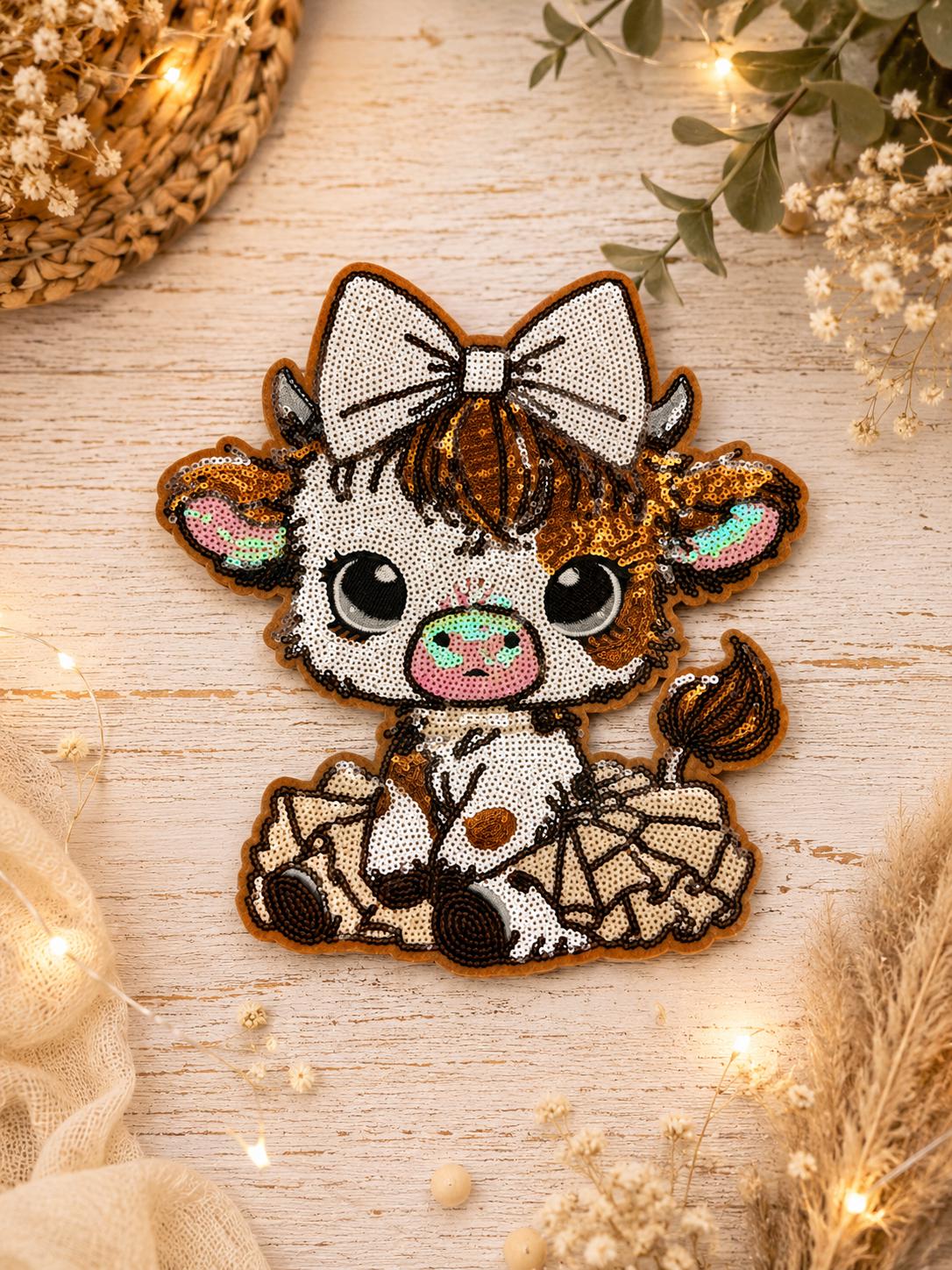 Cute Highland Cow Large Chenille Sequin Iron-On Patch