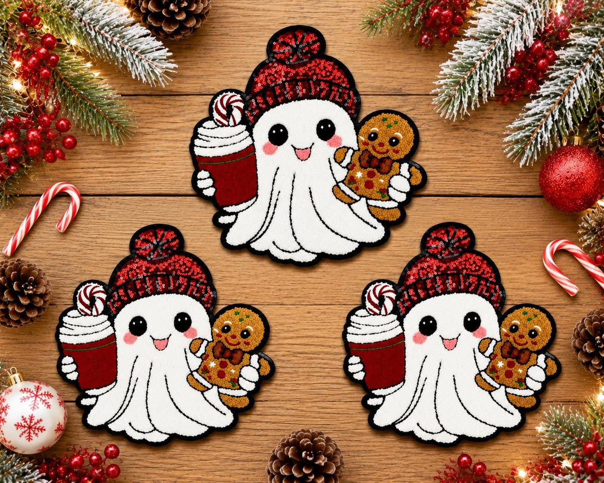 Cute Christmas Ghost Large Embroidered Iron-On Patch