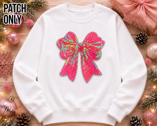Large Pink Sequin Bow Chenille Patch