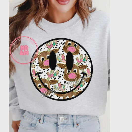 Retro Reindeer Smiley Face Screen Print Transfer